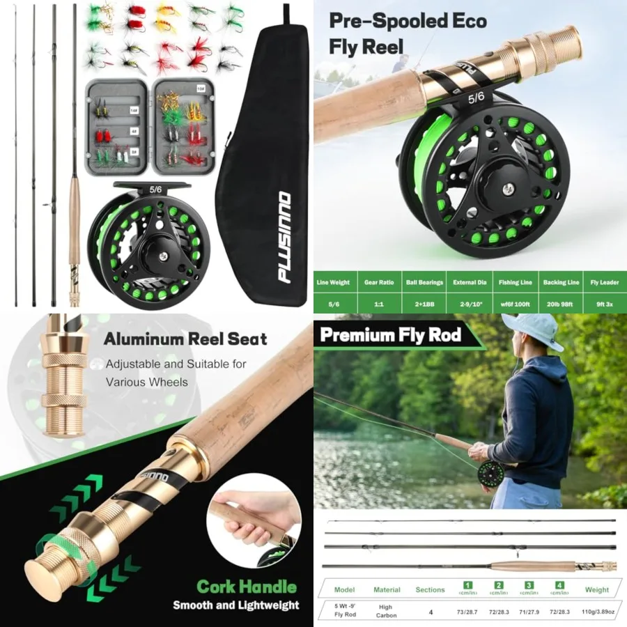 

Fly Fishing Rod and Reel Combo, 4 Piece Lightweight Ultra-Portable Graphite Fly Rod 5/6 Complete Starter Package with Carrier B