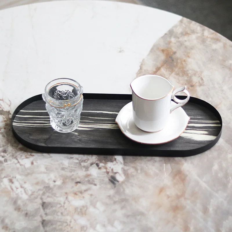 Nordic simple geometric oval imitation wood grain tray ornament model room hotel clubhouse tea room tea storage tray