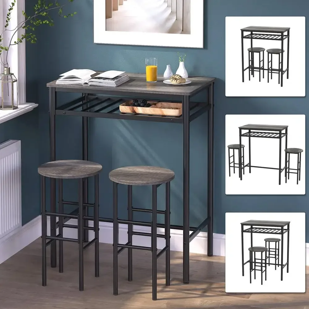 Juego de mesa de comedor de roble negro de 3 piezas, barra de madera de Metal, cocina superior alta, taburetes de altura para mostrador de Pub y Bistro, diseño Industrial moderno