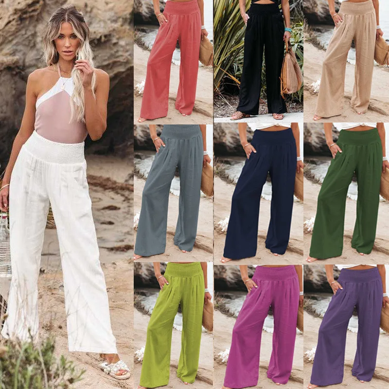 

Women Loose Casual Cotton Line Elastic Waist Long Wide Leg Pants