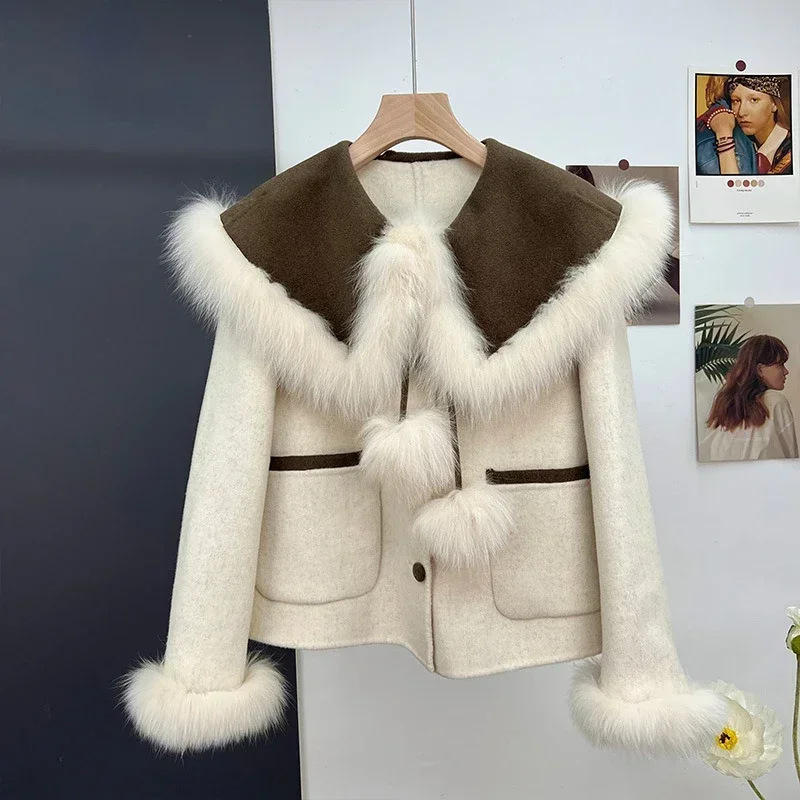 

FURYOURSELF 2023 Winter Real Sheep Woolen Jackets Outerwear New Style Women Coats with Natural Fox Fur Loose Fashion Streetwear