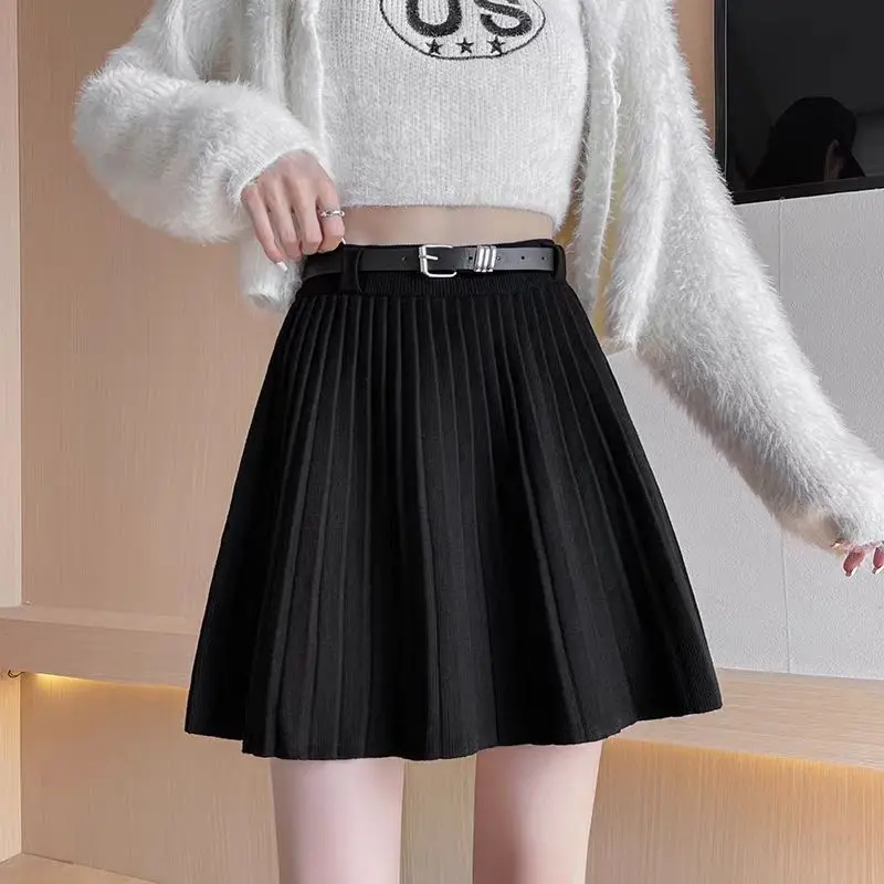 Knitted Pleated Skirt High Waist A-Line Belt Autumn Winter New Skirt Women Korean Fashion College Style Slim Mini Skirt