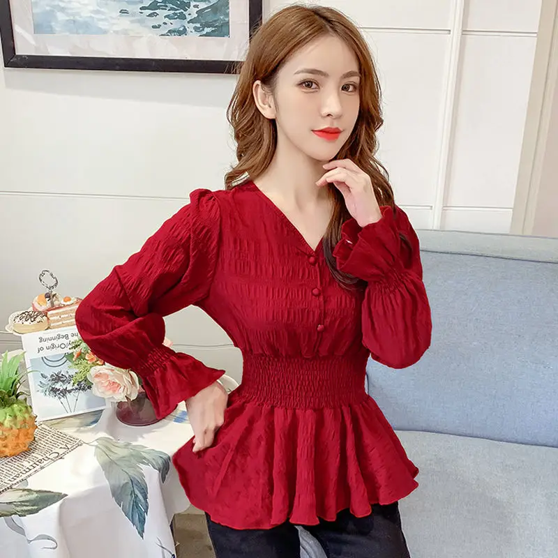 Fashion Spliced Button Folds Ruffles Blouses Women\'s Clothing 2023 Autumn Winter New Loose Princess Sleeve Tops Elegant Shirts