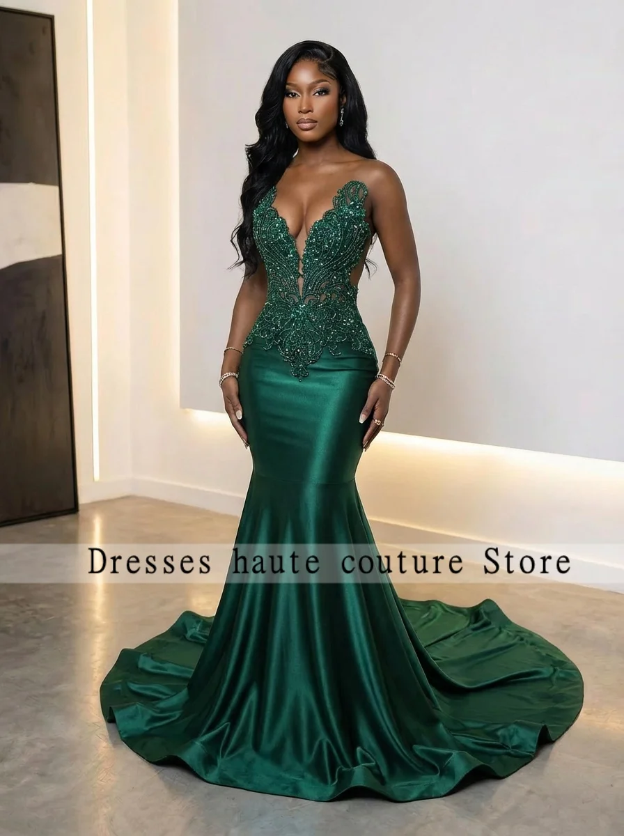 

Chic Beaded Emerald Green Prom Dresses Sheer Deep V Mermaid Satin Long Train Formal Bridesmaid Dress For Women Customized