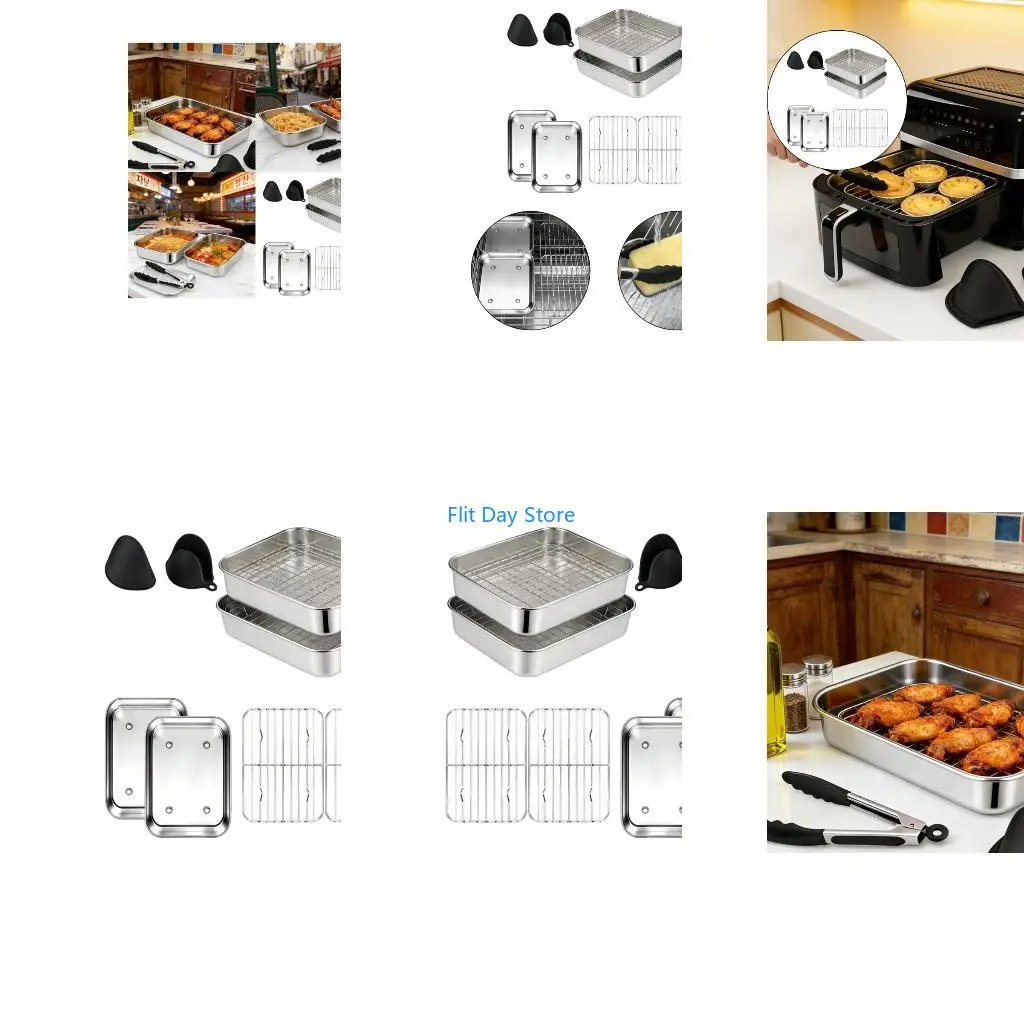 F92C Stainless Steel Casserole Dish Set for Airfryer Accessories with Bowls Draining Rack Silicone Gloves for Cooking Baking