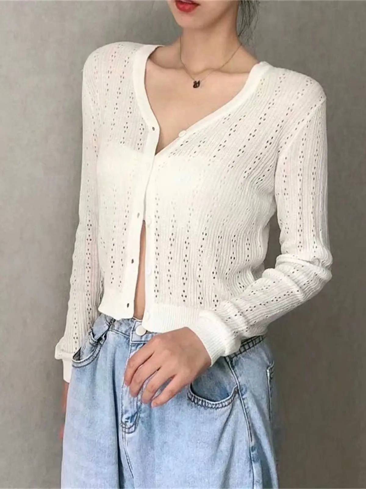 Elegant Women V Neck Knitted Hollowed Shirt 2022 Spring-autumn Fashion Ladies College Style Single Breasted Set Female Solid Top