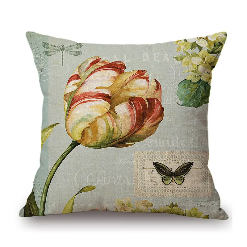 Modern Decoration Art Sofa Pillow Case Vintage Flower Retro Rose Tulip Peony Bird Cotton Linen Chair Car Cushion Cover