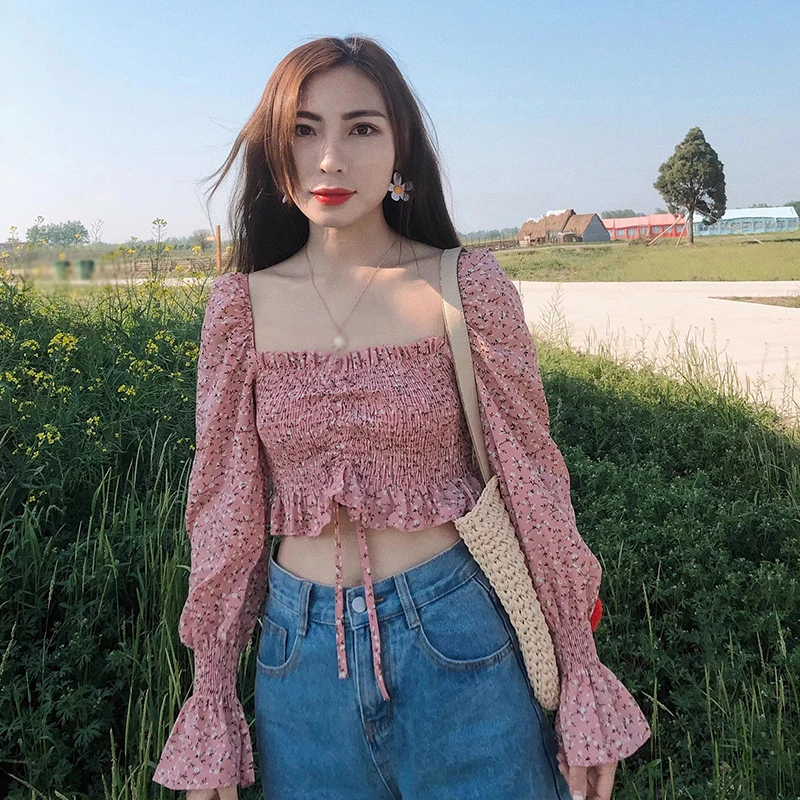 Spring Women\'s Blouse Square Collar Korean Version Floral Print Exposing Navel Dopamine Puff Long Sleeves Chiffon Blouse