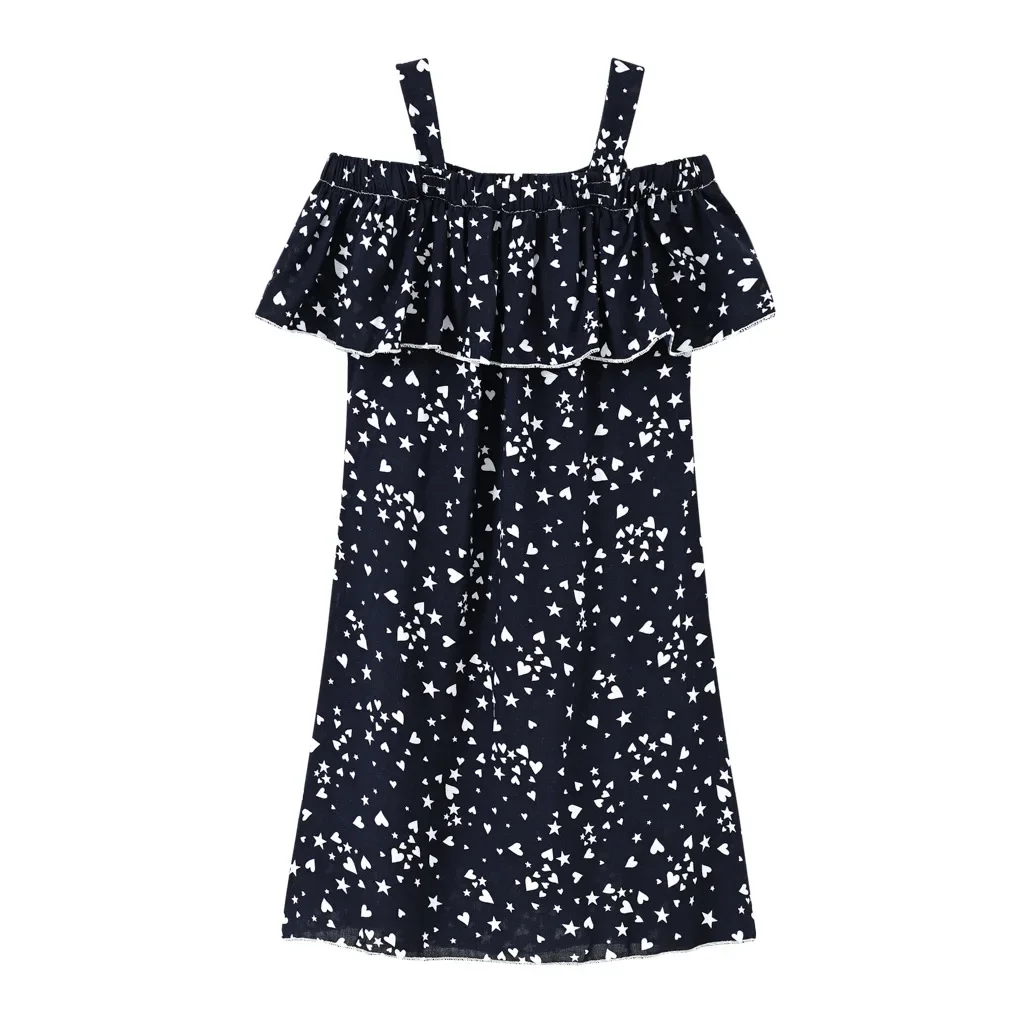New Girls Summer Fashion Off Shoulder Ruffled Strappy Dress Cartoon Floral Print Casual Sundress Casual Beach Vacation Dresses