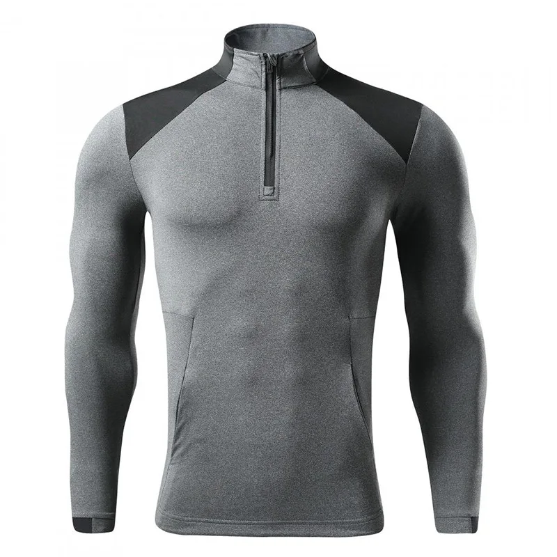Dark Grey Mens Half Zip Long Sleeve Running Top Light Grey Shoulder Panel Stretchy Breathable Technical Wear Gym Fitness Top