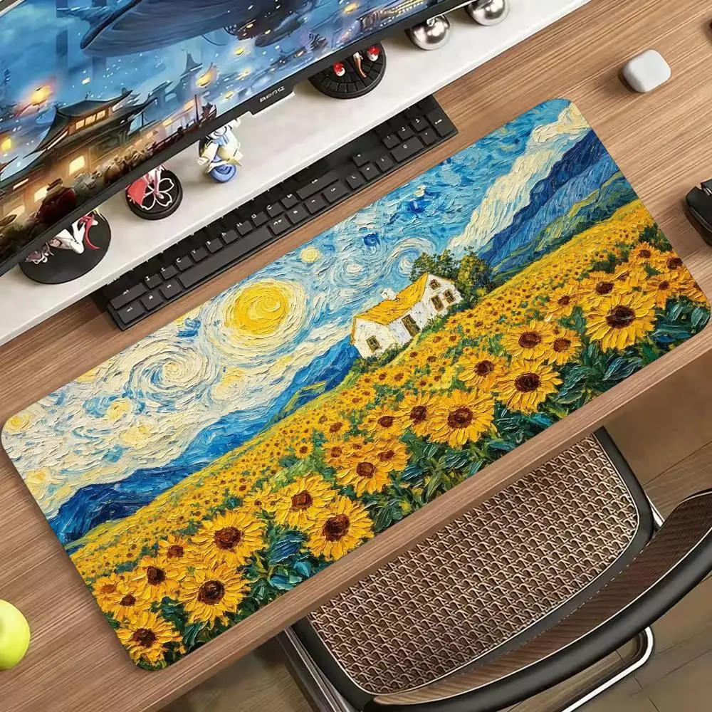 Smooth Non Slip Rubber Keyboard Desk Mat Large Extended Gaming Mouse Pad Sunflower Oil Painting For Laptop Computer Office