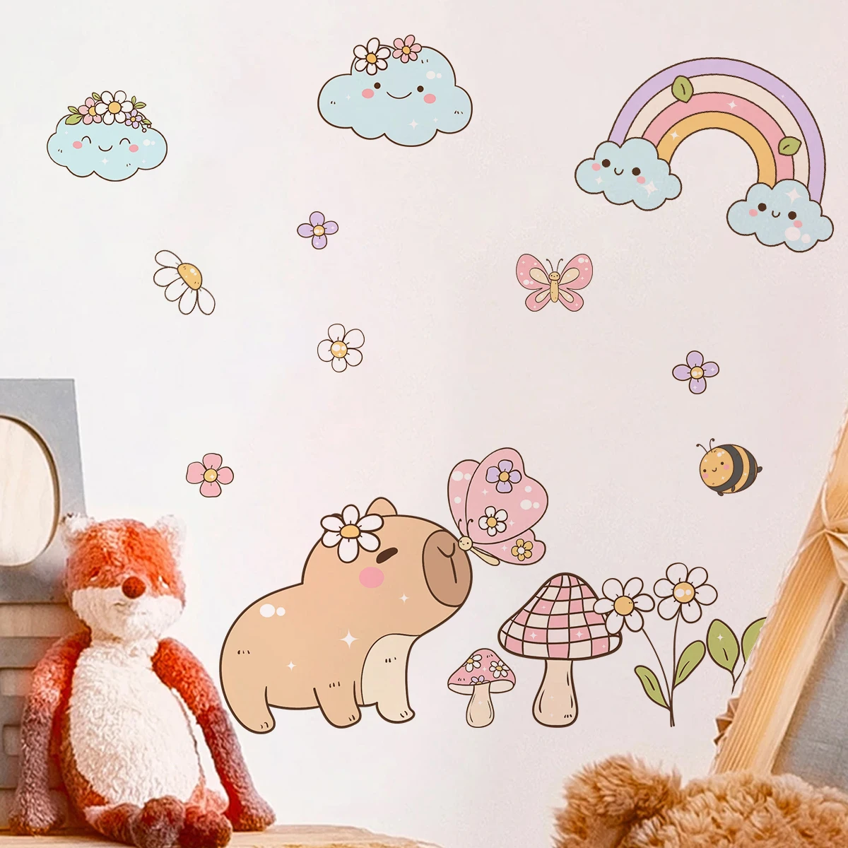 Cartoon Cute Brown Capybara Butterflies Rainbow Watercolor Wall Sticker Child Room Wall Art Decal Kids Room Living Home Decor view 4
