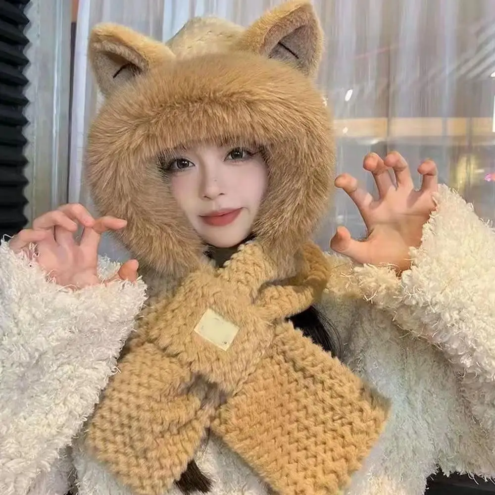 Cute Fox Ears Plush Baotou Ear Protection Winter Warm Hat Collar Scarf Integrated Winter Autumn Winter
