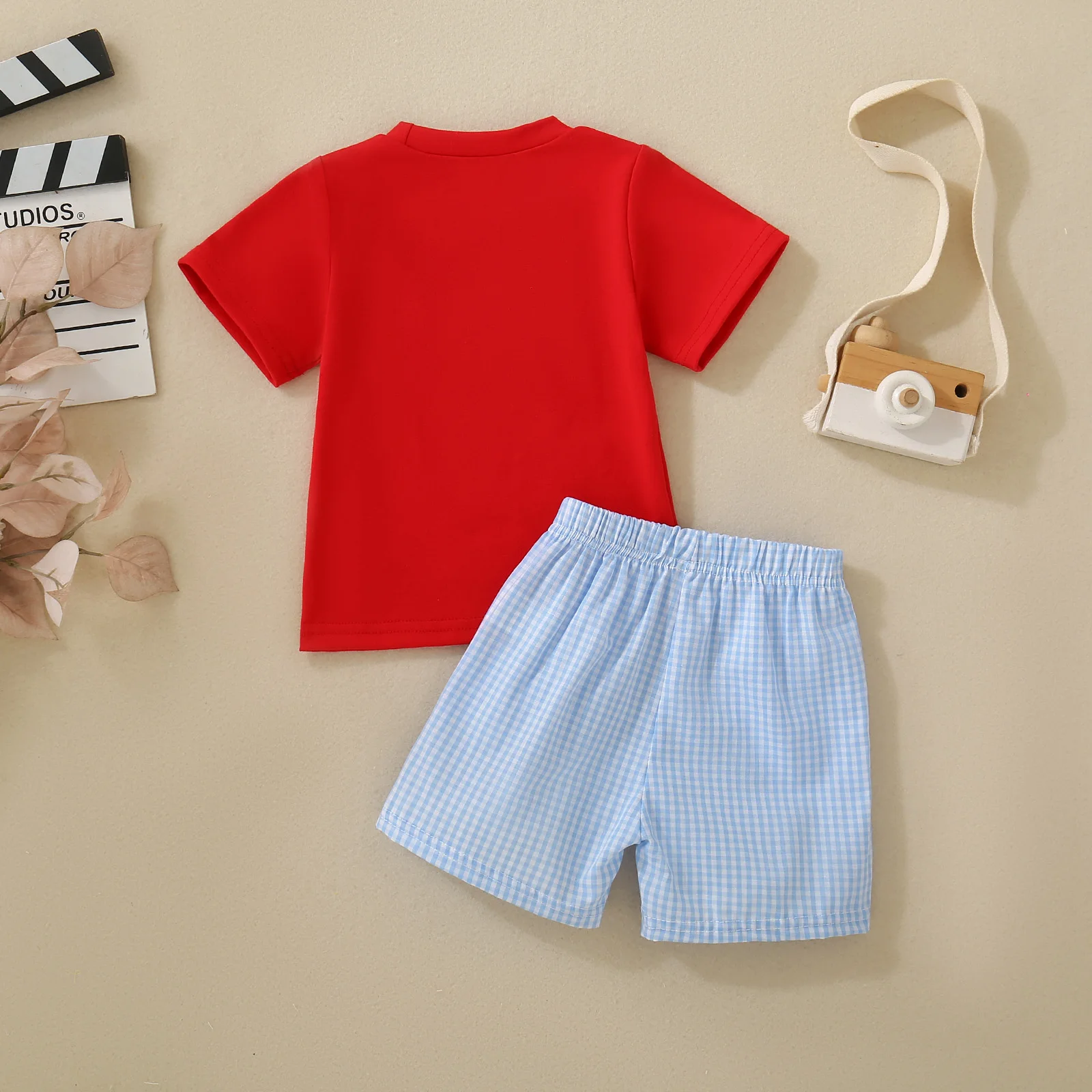 Summer Infant Girl's Red 'I Love Dad' Short Sleeve T-Shirt And Light Blue Plaid Shorts Set Baby Outfit Two-Piece Ensemble