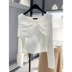 Women's Clothing Elegant Solid Slim O-neck Knitted Pullover Spring Autumn New Fashion Big Bow Soft Thin White Commute Sweaters