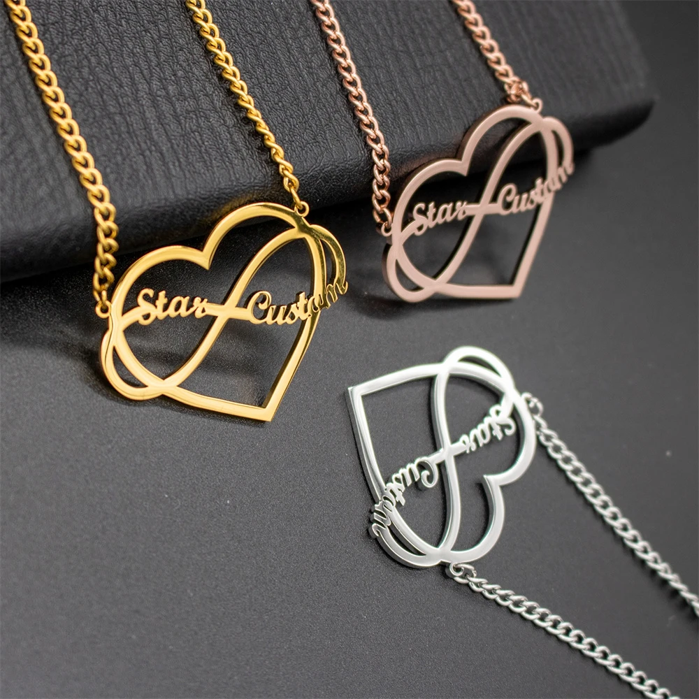 Индивидуальное ожерелье с именем сердца, персонализированные ювелирные изделия из нержавеющей стали, геометрическое бесконечное колье, женское ожерелье с преном, Frete Gatis