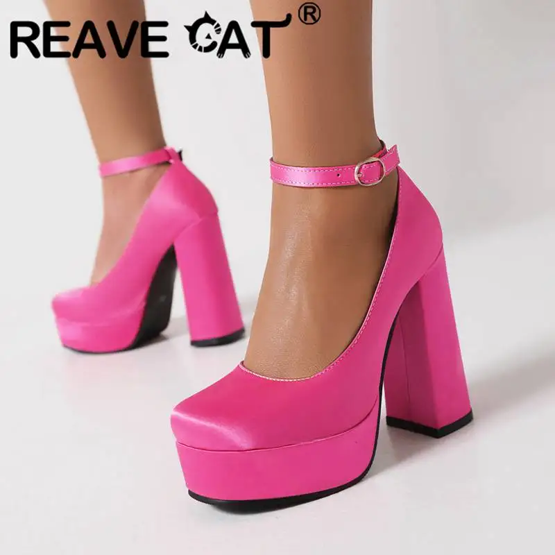 REAVE CAT Brand Shoe Women Pumps Square Toe Satin Chunky High Heel 12cm Platform 3cm Buckle Strap Sexy Party Large Size 43 44 45