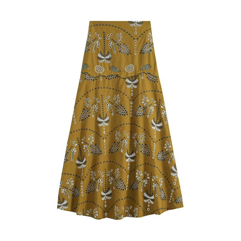 Women Hollow Out Embroidery Floral Maxi Skirt High Waist A-Line Flowy Bohemian Casual Vacation Summer Skirts