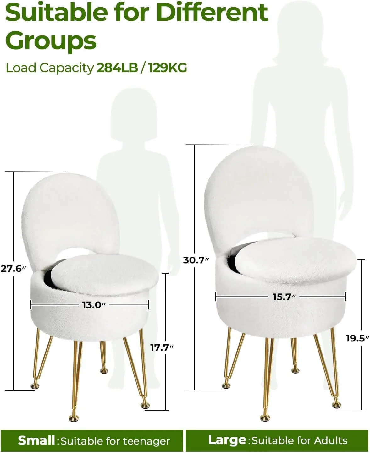 

**/Large Vanity Stool Chair With Storage And Folding Back, 15.7" D X 19.5" H Faux Fur Soft Ottoman, 4 Metal Legs With An