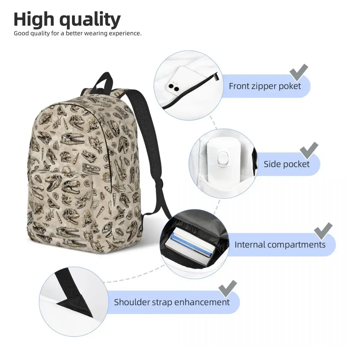 Rex Dinosaur Skull Sketch Tiled Pattern Tan Natural Backpack Middle High College School Student Book Bags Teens Daypack Travel