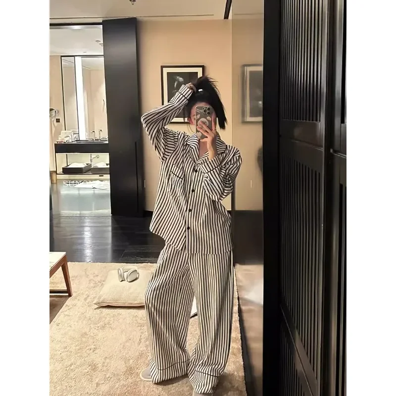

Stripe Pajamas Women Spring and Autumn 2024 New Pure Cotton Long sleeve Wide Leg Pants Summer Idle Homewear Set