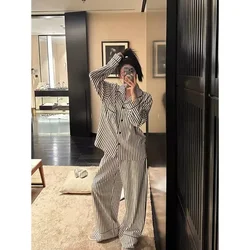 Stripe Pajamas Women Spring and Autumn 2024 New Pure Cotton Long sleeve Wide Leg Pants Summer Idle Homewear Set