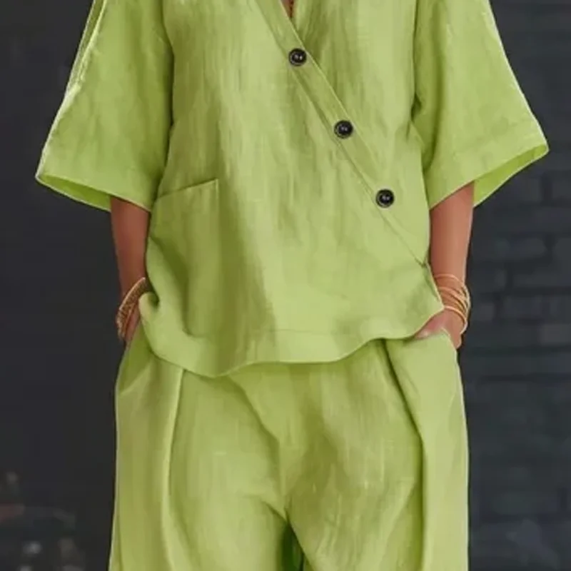 

Women Cotton Linen 2 Pcs Outfits V Neck Short Sleeve Tops Loose Wide Leg Pants Set Vintage Asymmetrical Button Tops Baggy Pants