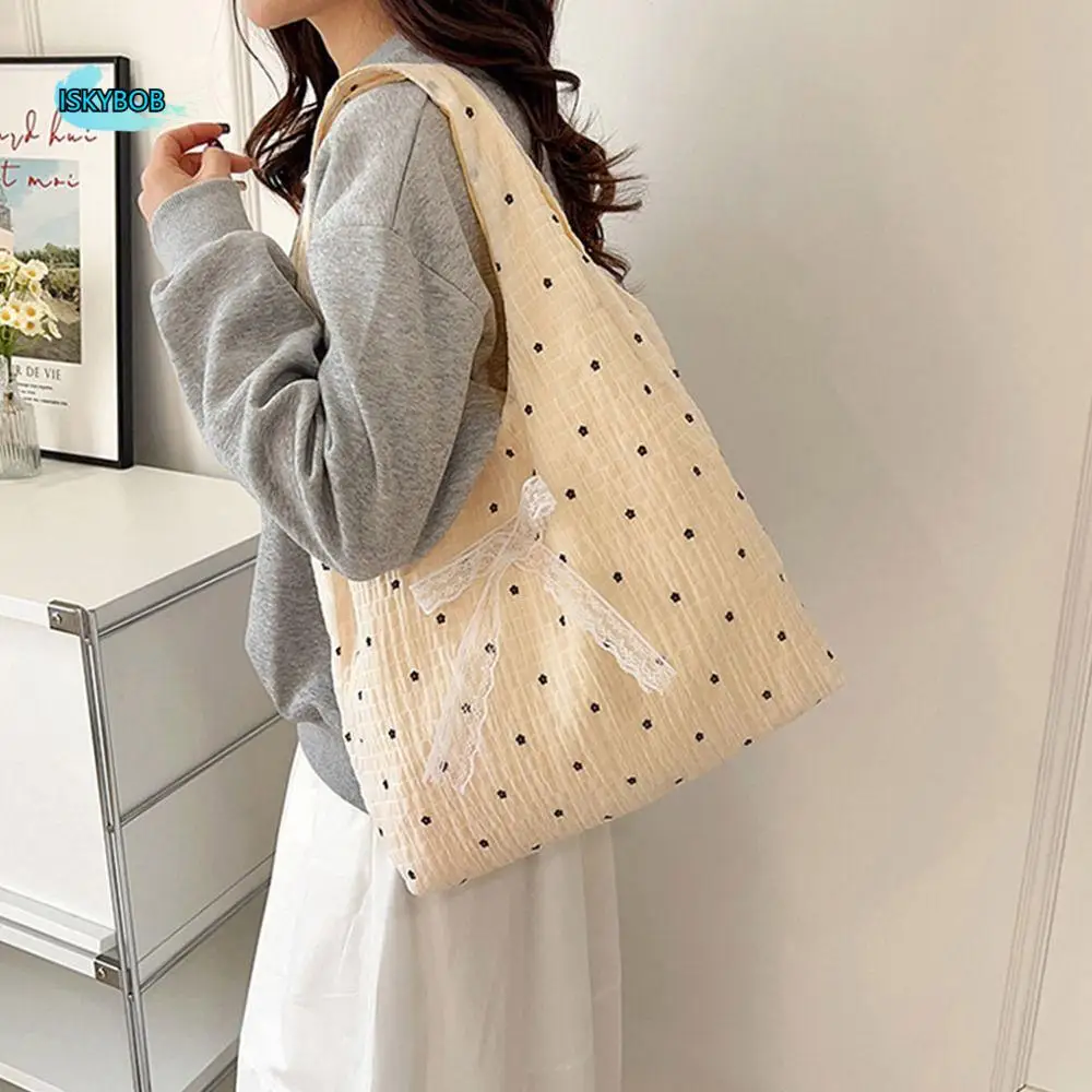 

Ins New Design Polka Dot Tote Bag Lightweight Korean Bow Lace Shoulder Bag Casual Large Capacity Women's Handbags Girls