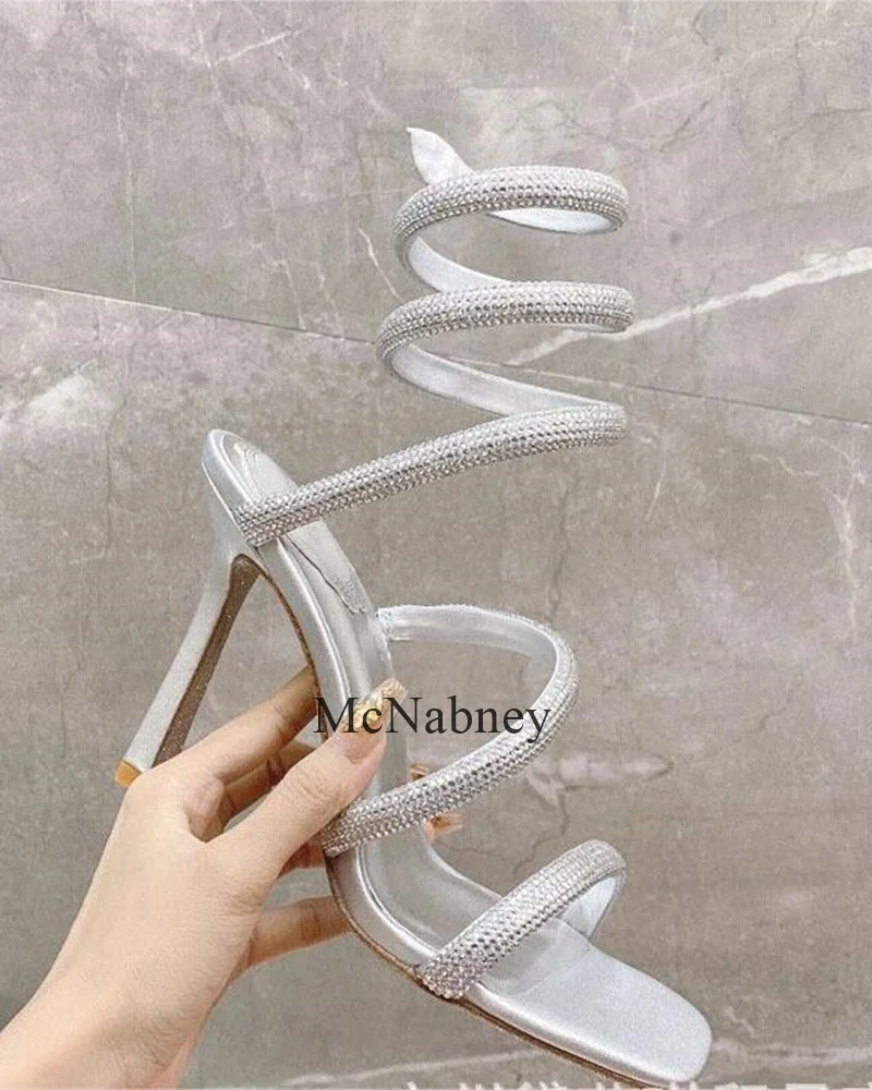 Classic Style Snake Shaped Winding Square Toe Summer Women Sandals With Rhinestone Stiletto High Heels Large Size Party Shoes