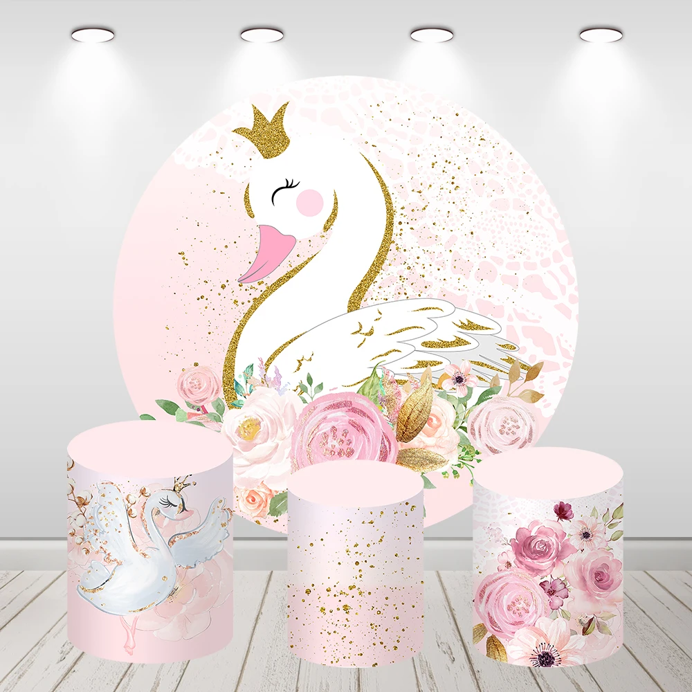 

Swan Princess Round Backdrop Cover Elasticity Girl Birthday Party Flowers Pink Circle Baby Shower Photography Background