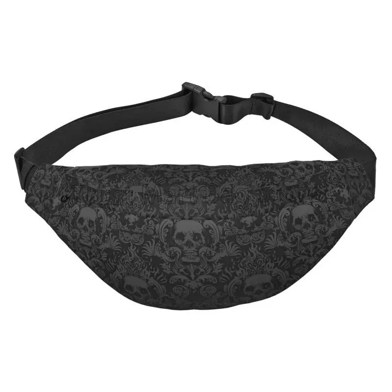 Goth Gothic Black Skull Damask Fanny Pack Large Waist Bag Adjustable Belt Bag for Men Women Travel Hiking Cycling Running