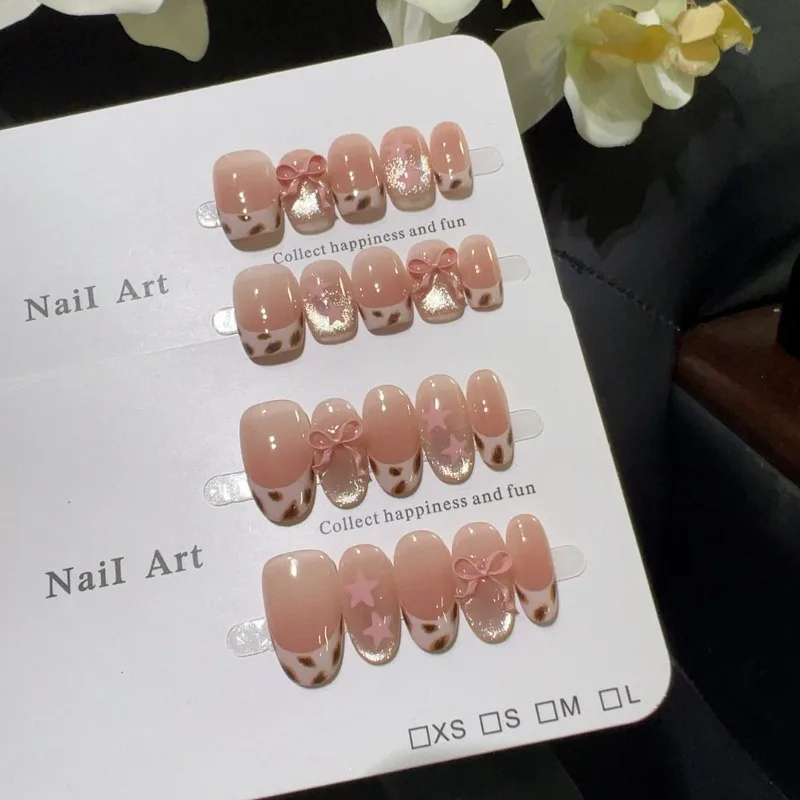 

10 шт., ручная работа, пресс для ногтей, осенние новые кончики ногтей с леопардовым принтом, французский 3D бант, украшенные милыми накладными ногтями для девочек, накладные ногти