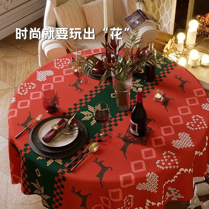 Christmas Tablecloth New Year's Tea Dining Round And Square Table Decoration Red Green Elk Snowflake Christmas Eve Plaid