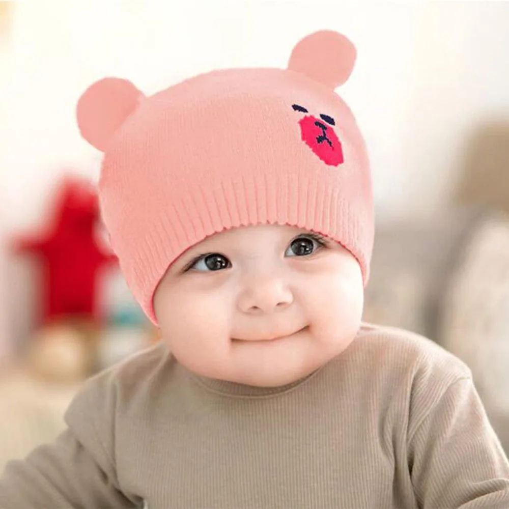 Winter Beanies Cartoon Bear Baby Warm Winter Wool Hat Classical Soft Boys Girls Knitted Hat For Infant Kids 0-8 Month