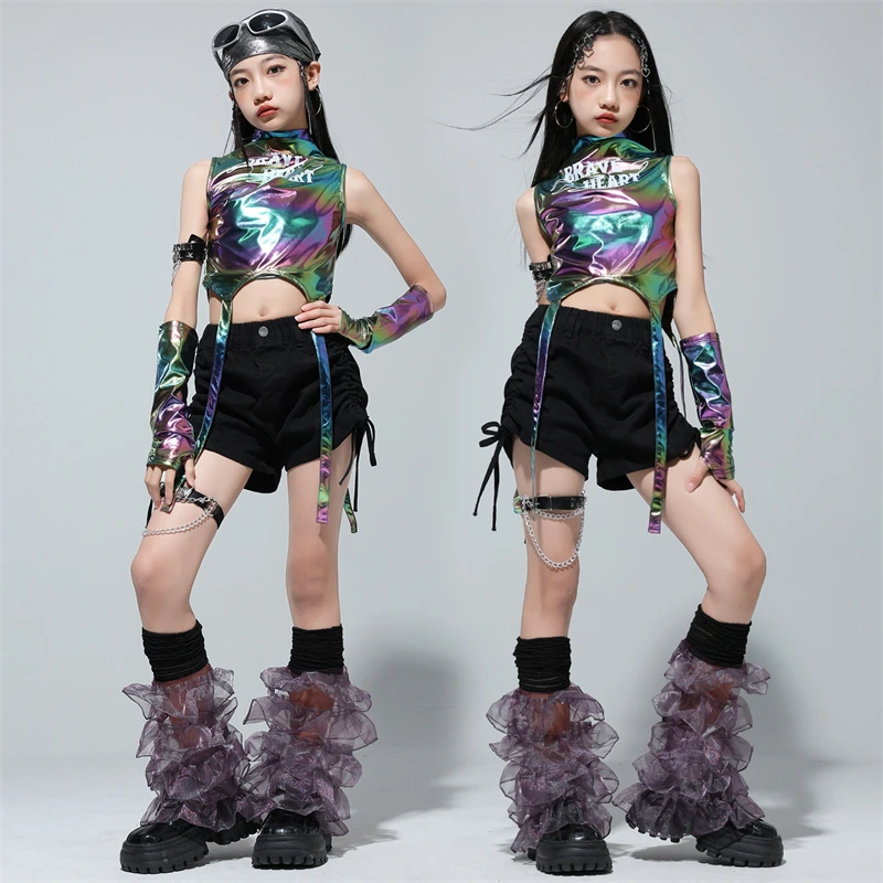 Hip Hop Danza Abbigliamento lucido Ragazze Cool Crop Top Hot Pant Bambini Jazz K-pop Sport Palcoscenico Streetwear Passerella Costumi Imposta Abiti