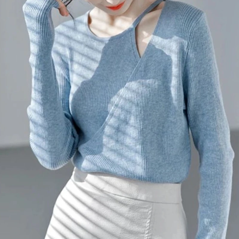 Fake Two Pieces Top Women Knitwear Long Sleeve Slim Knitted Bottoming Shirt