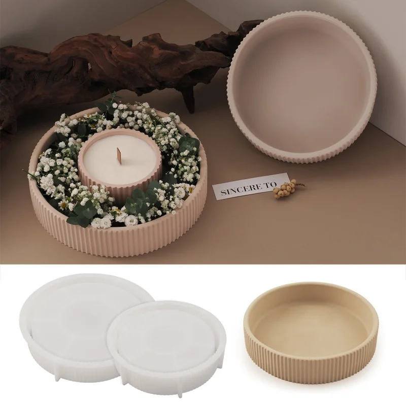 Soporte de vela de Aroma de disco a rayas, molde de silicona, bandeja de almacenamiento de joyas DIY, moldes de resina Base de maceta