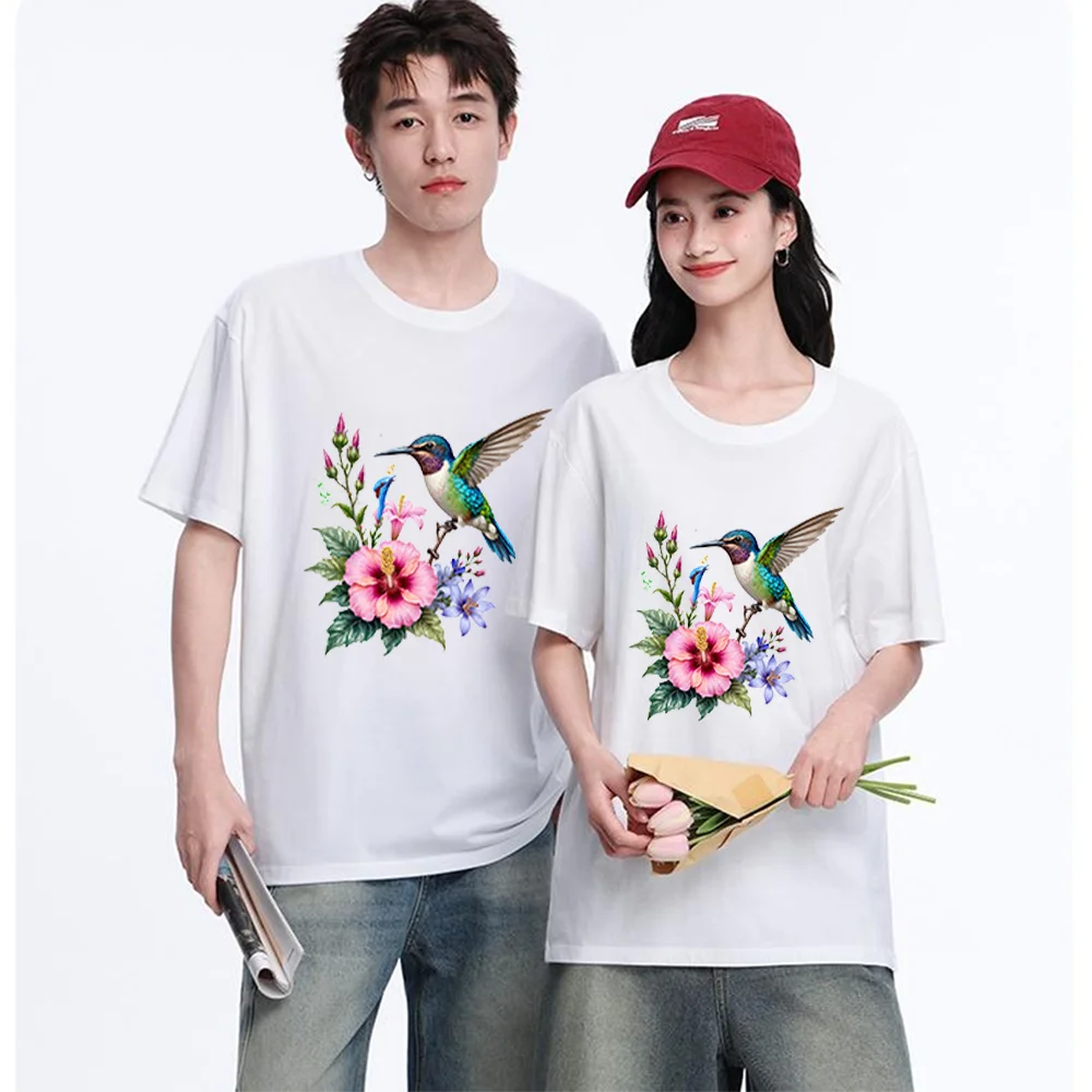 Hummingbird And Hibiscus Flower Printed T Shirt Breathable Fabric S-XXL Personalized Custom Casual Short Sleeve Tee Aesthetic Gr