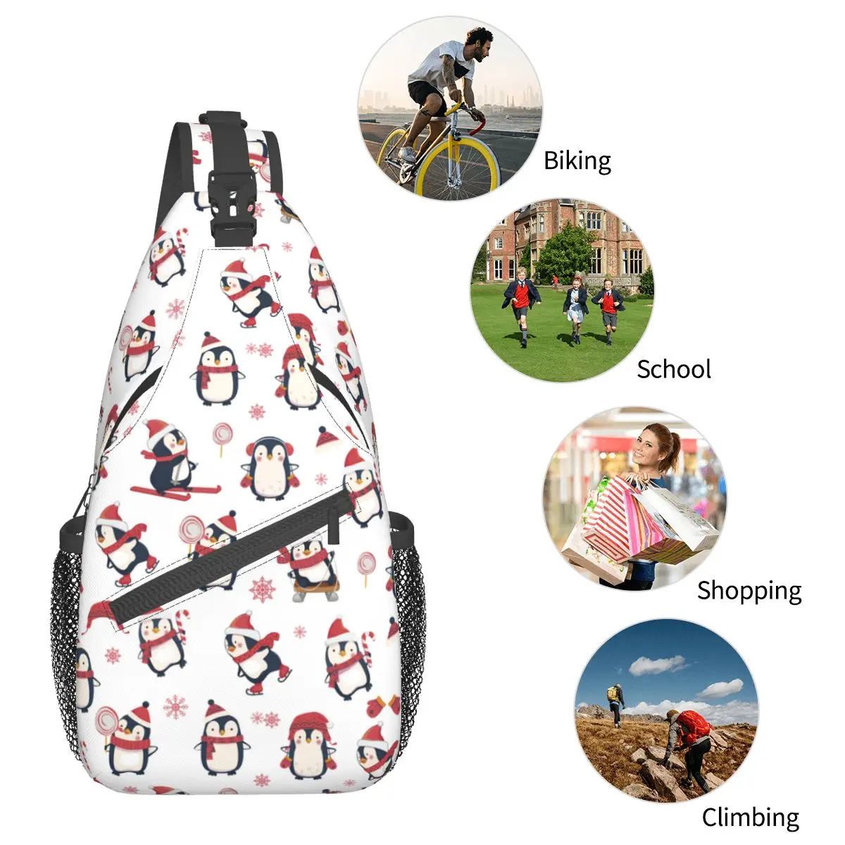 Bonito dos desenhos animados pinguim pequeno estilinguim saco peito Crossbody ombro mochila caminhadas ao ar livre Daypacks animal legal escola sacos