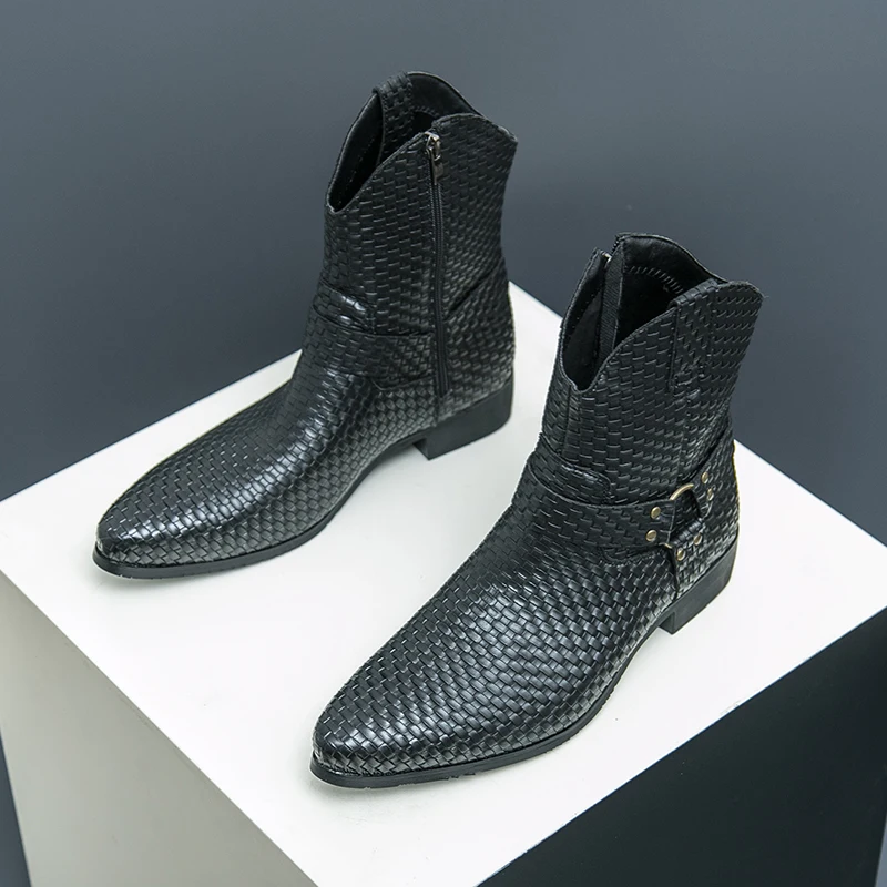 

Trendy Snake Patterned Chelsea Boots for Men Genuine Leather Pointed Toe Zipper Short Boots Fashion Party Business Dress Shoes