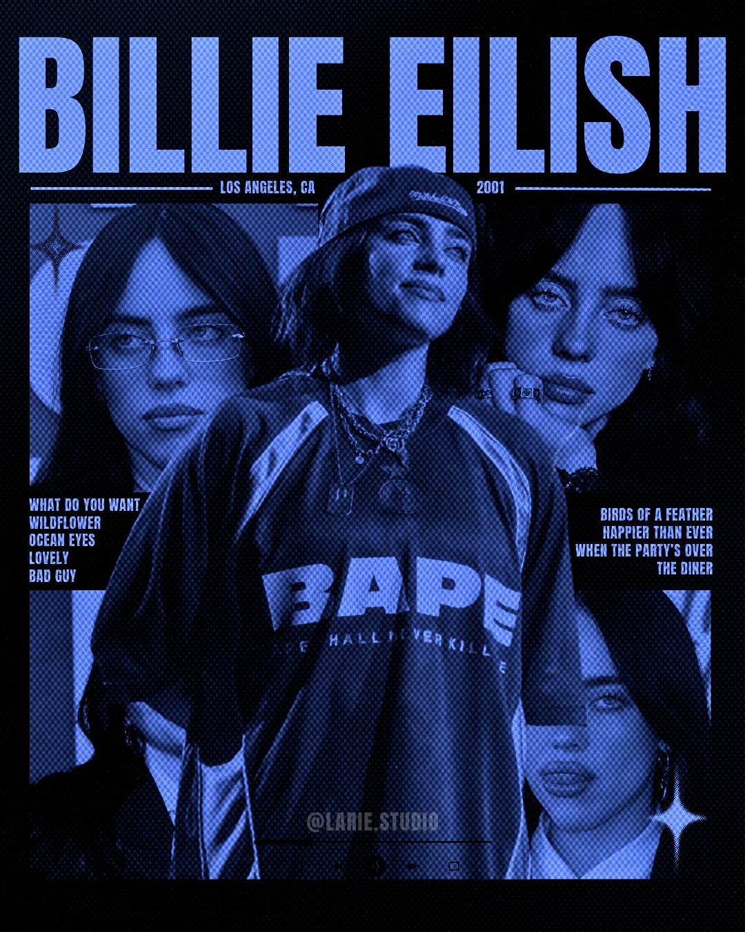 1 Stück B-Billie Eilish Blaue Collage-Wandteppich, Sänger-Musik-Wandbehang, verschiedene Größen, Polyester 2D-Druck, Pop-Fan-Raumdekoration