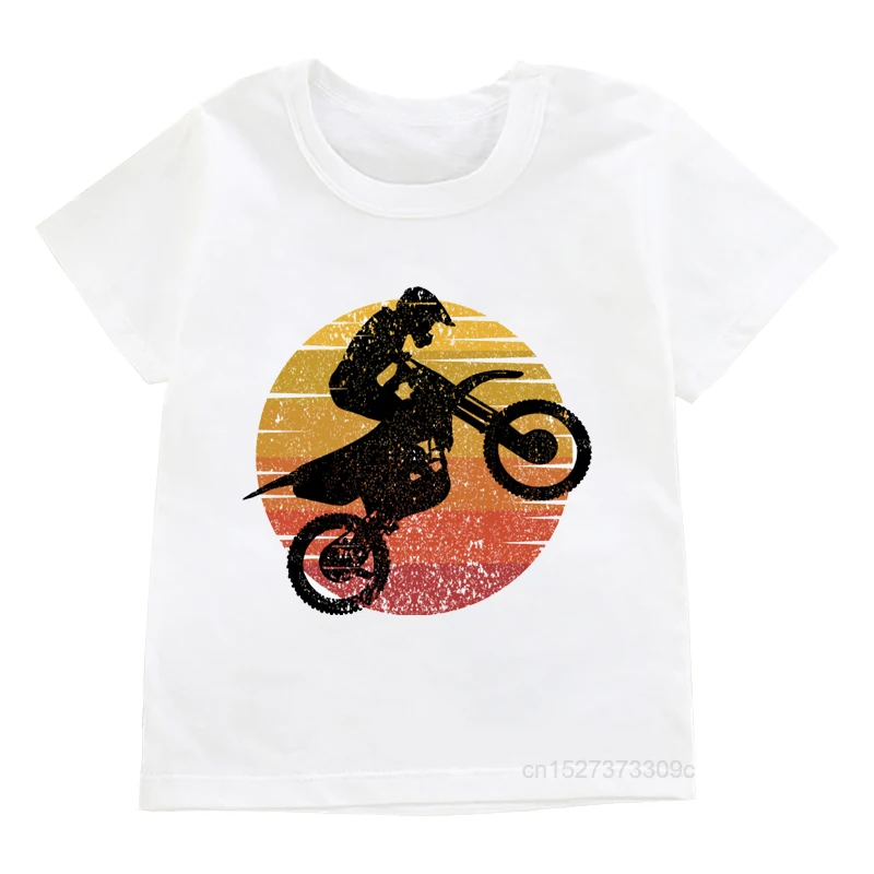 Motocross Dirt Bike Motorcycle Print T-shirt Boys Cool White T Shirts Kids Harajuku Shirt Summer Short Sleeve Tshirt Streetwear