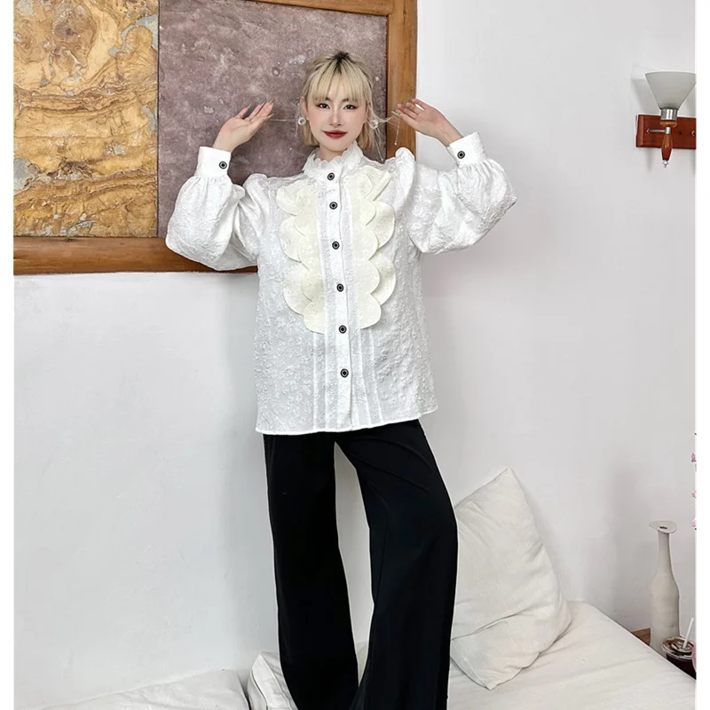 2023 Women Clothing Shirt Unique Texture Pattern Bubble Sleeve Ruffle Collar White Shirt Women's Jacquard Design Vintage Blouse