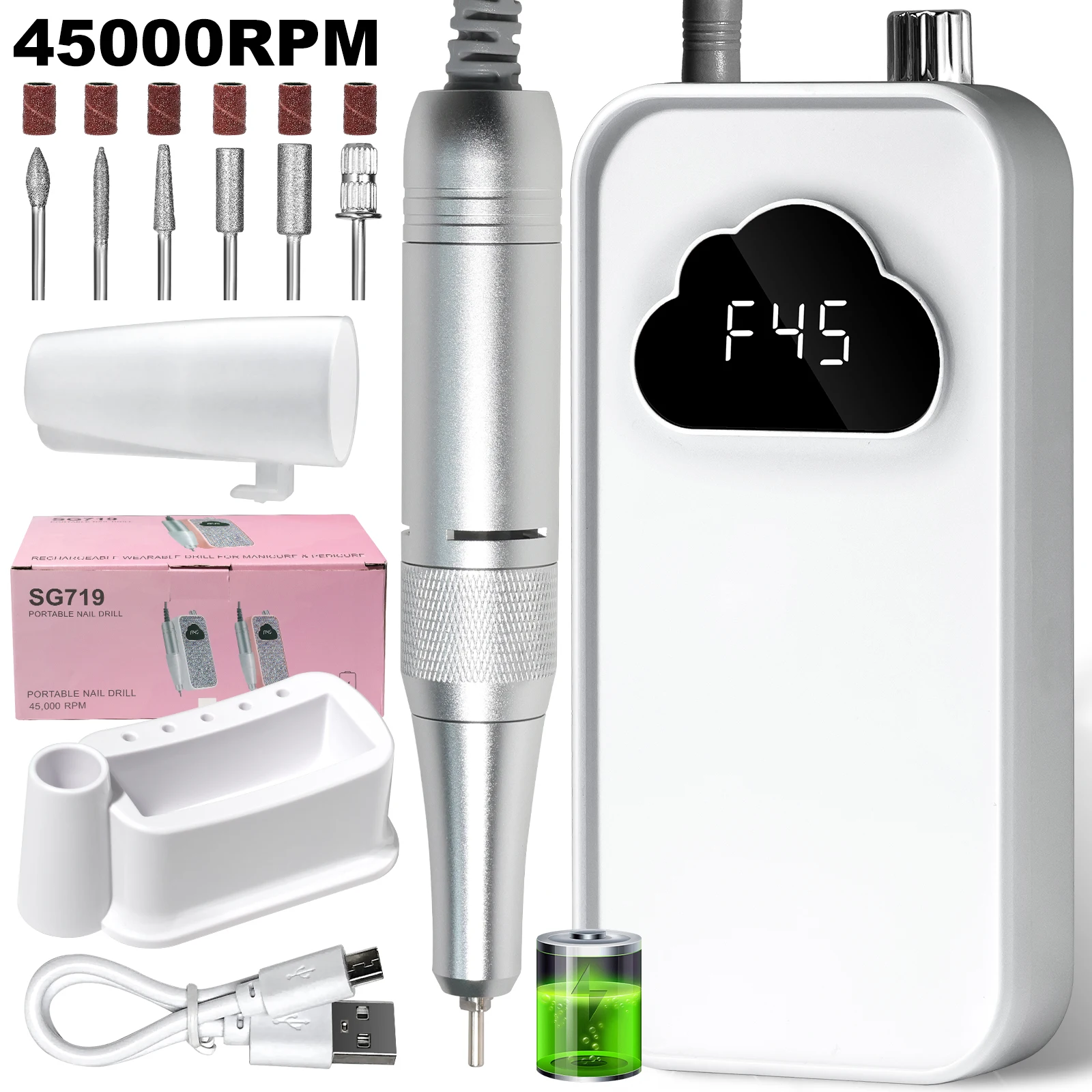 

45000RPM Electric Nail File Professional Nail Electric Portable Nail Sander File for Gel Nails Polishing Salon Tool