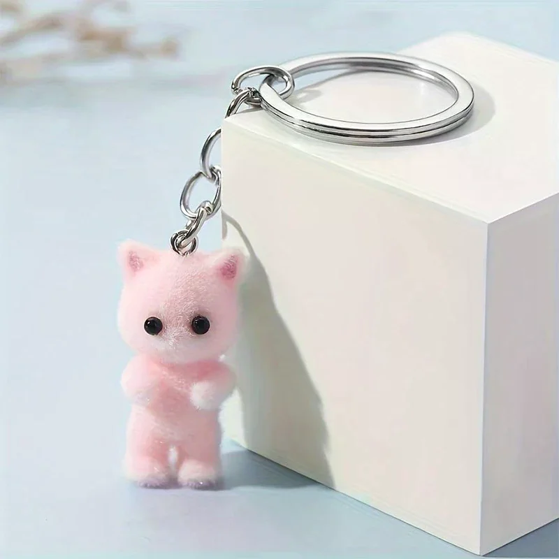 Cute 3D Flocking Kitten Small Bear Keychain Resin Cat Couple Mobile Phone Pendant Car Keyring Earphone Backpack Charms Bag Deco
