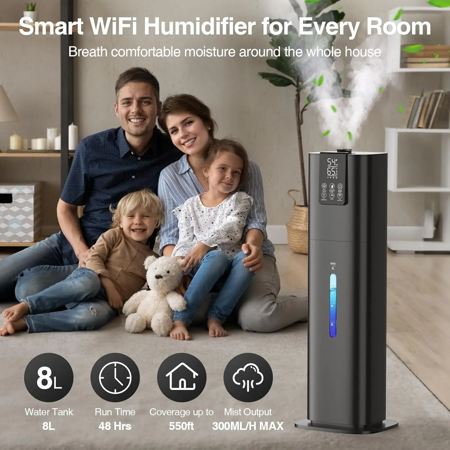 Large Room Bedroom Home, 2.11Gal(8L) Quiet Top Fill Cool Mist Humidifier, Smart App & Remote Control, 3 Speed