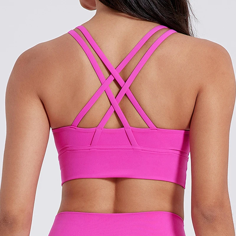 Solid Color Women Cross Back  Bra Fitness Underwear Soft Fitness Sport Bra Top Gym Yoga Athletic Workout With Chest Pad