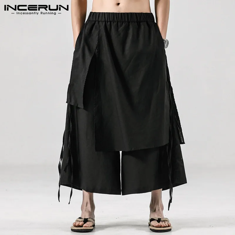 

INCERUN Men Casual Pants Solid Streetwear Joggers Baggy Irregular Skirts Trousers Men 2024 Harajuku Elastic Waist Wide Leg Pants