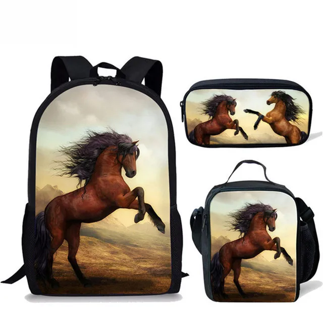 Sacs à dos Hip Hop College en 3D pour étudiants, sacs de voyage, sac à dos pour ordinateur portable, sac à dos initié, étui à crayons, américains, cheval, ensemble de 3 pièces