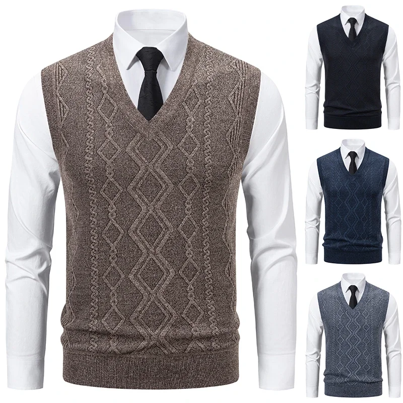 

Men's V-neck Knitted Sweater Warm Autumn Winter 2025 Casual Fashion Diamond Grid Twisted Flower Design Versatile Top